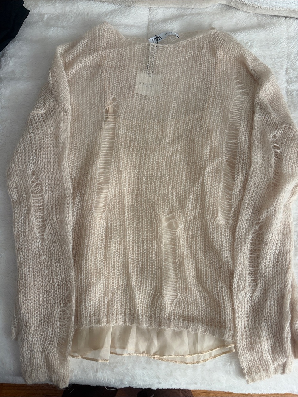 Zara Alpaca and Wool Blend Cream Open-Knit Distressed Crewneck Sweater